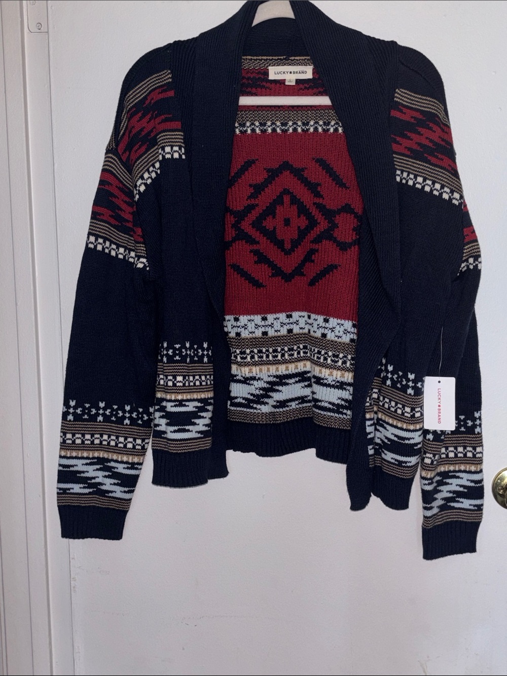 Lucky Brand Black and Red Patterned Open Cardigan